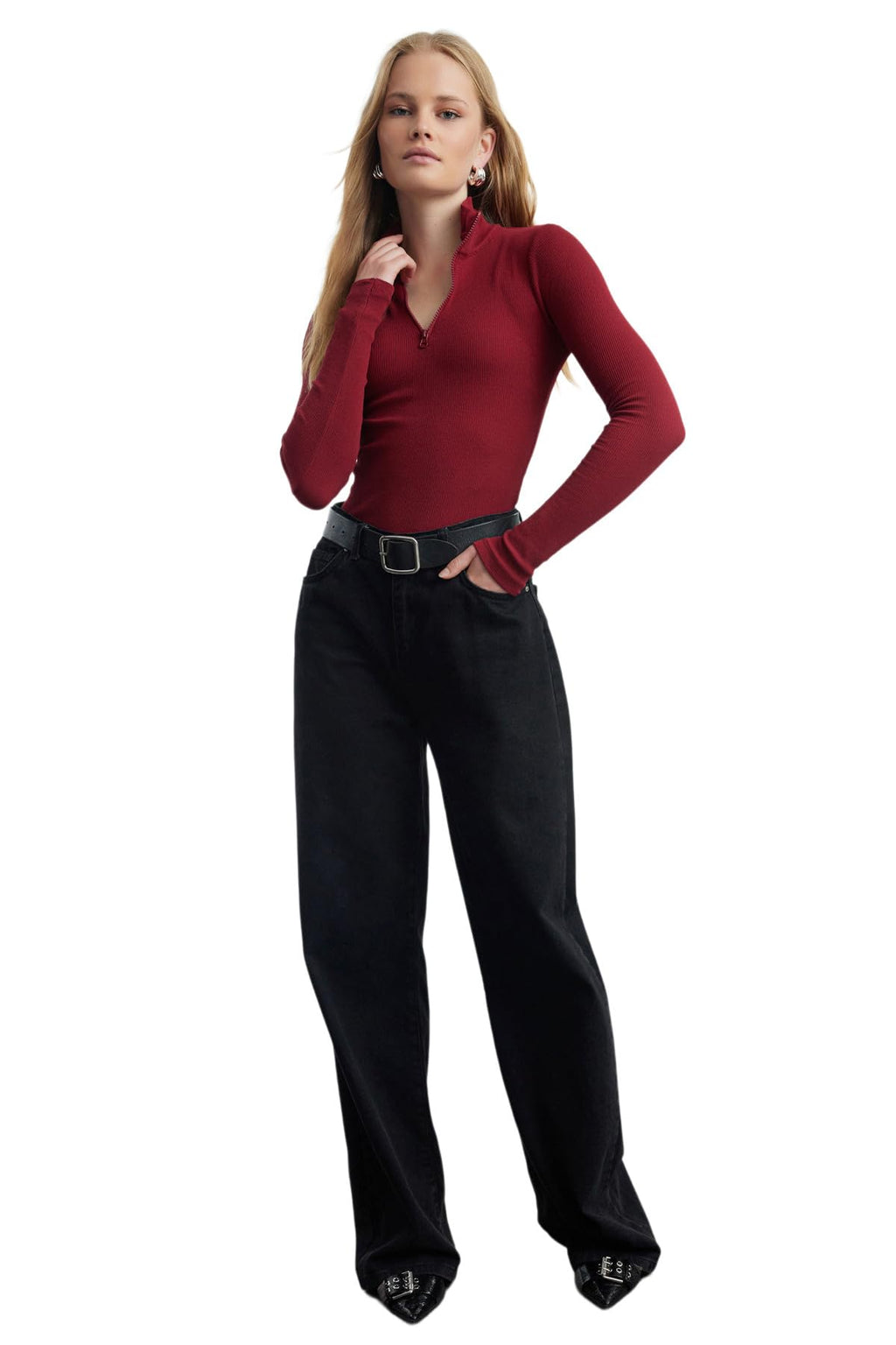 Trendyol Woman Claret Red Fitted Zipper Collar Stretchy Knitted Blouse TWOAW25BZ00163,burgundy M