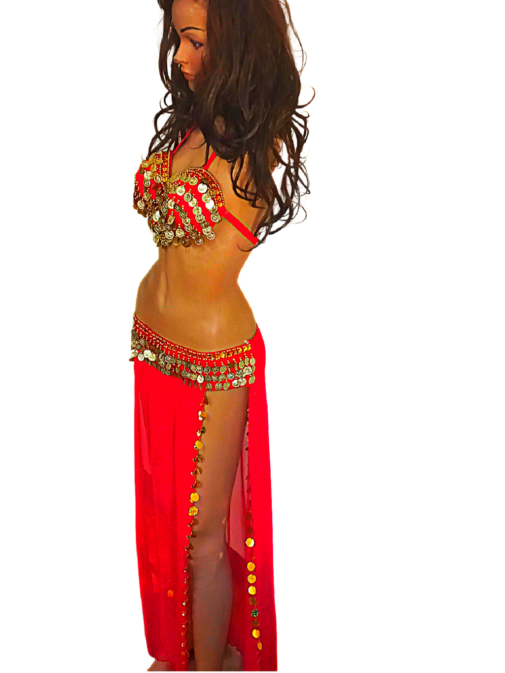 Red Egyptian Belly Dance Costume Embroidered Gold Coins Bra& Long Slited Skirt1