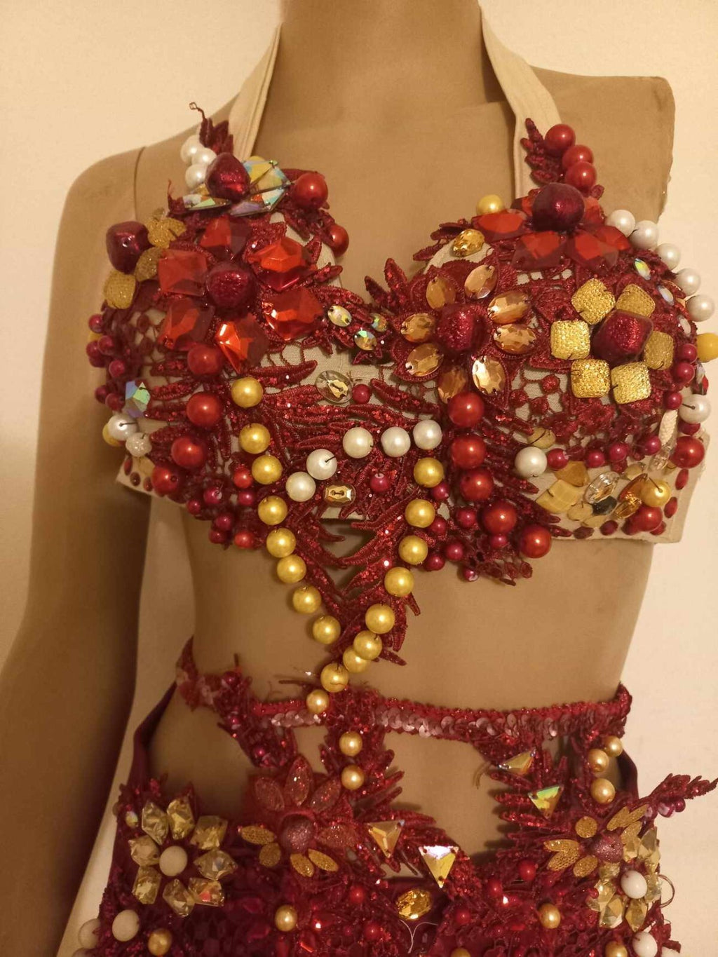 Embroidered Belly Dance Costume Dark Red Beaded Bra& Waist Belt &Tight Skirt7