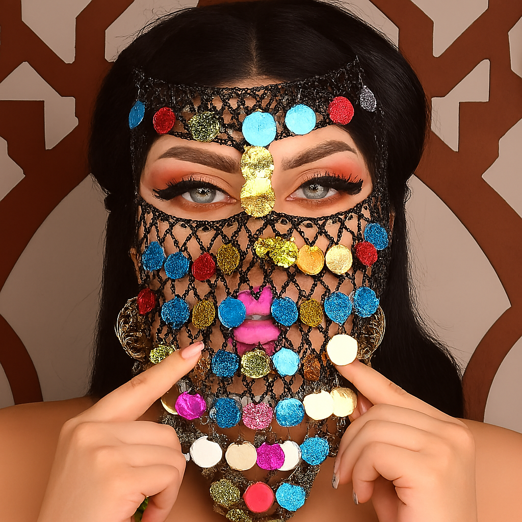 Egyptian Belly Dancing Face Veil Black &Colorful Coins Belly Dance Accessories 3
