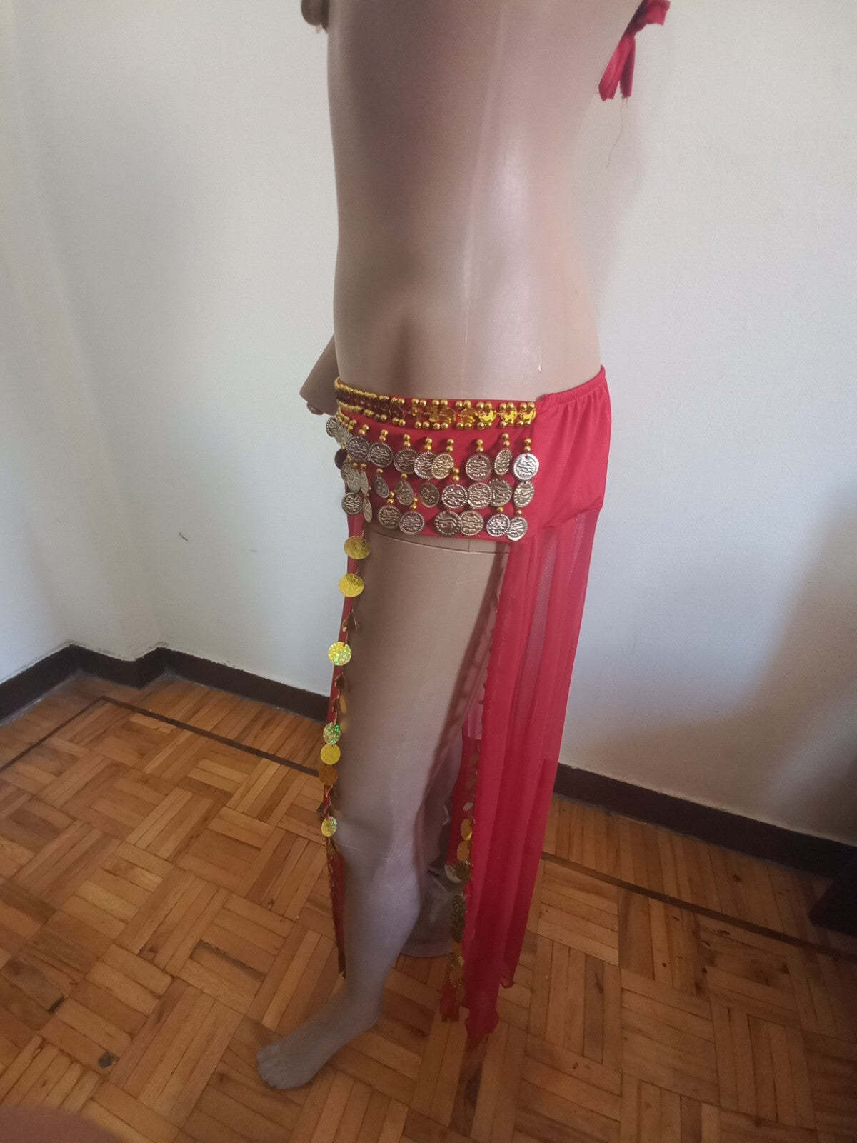 Egyptian Professional Belly Dance Costume& Coins Face Veil Red Sexy Dancing Set6