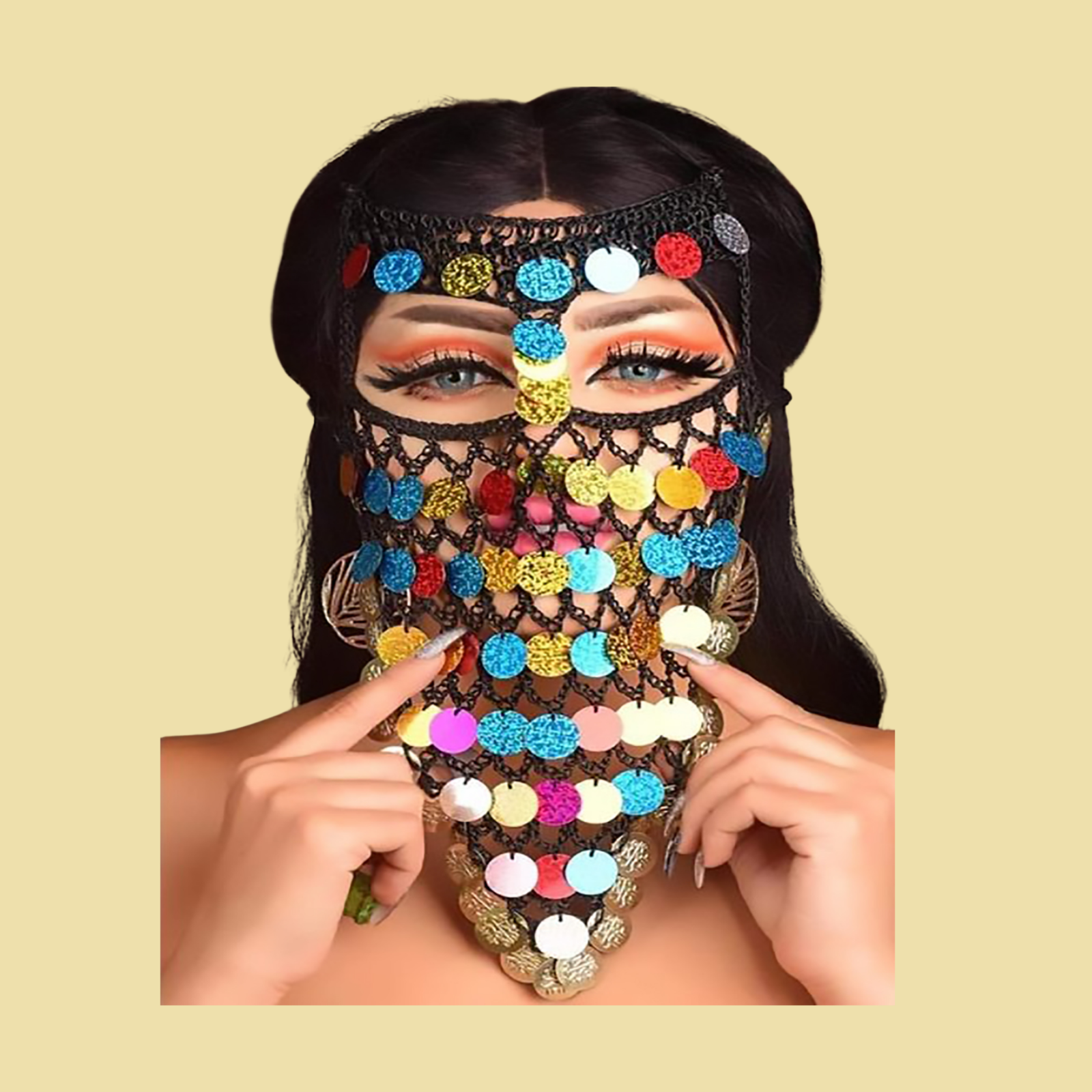 Egyptian Belly Dancing Face Veil Black &Colorful Coins Belly Dance Accessories 2