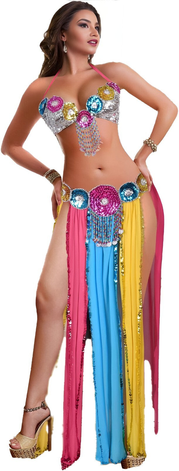 Belly Dance Costume Colorful Tassel Embroidered Bra Long Skirt Egyptian Handmade8