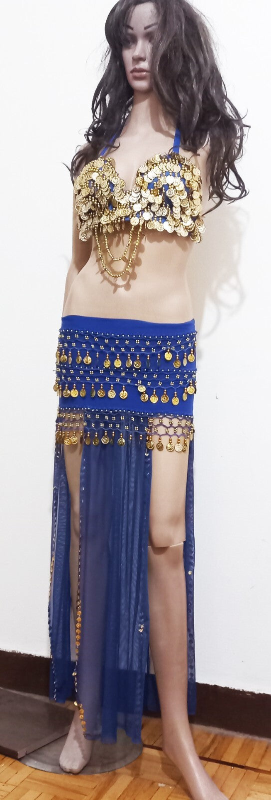 Egyptian Belly Dance Dress Long  Skirt With Embroidered Coins Bra Gold & Blue3