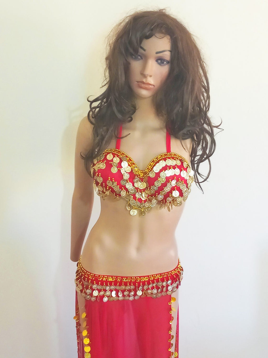 Egyptian Professional Belly Dance Costume& Coins Face Veil Red Sexy Dancing Set15