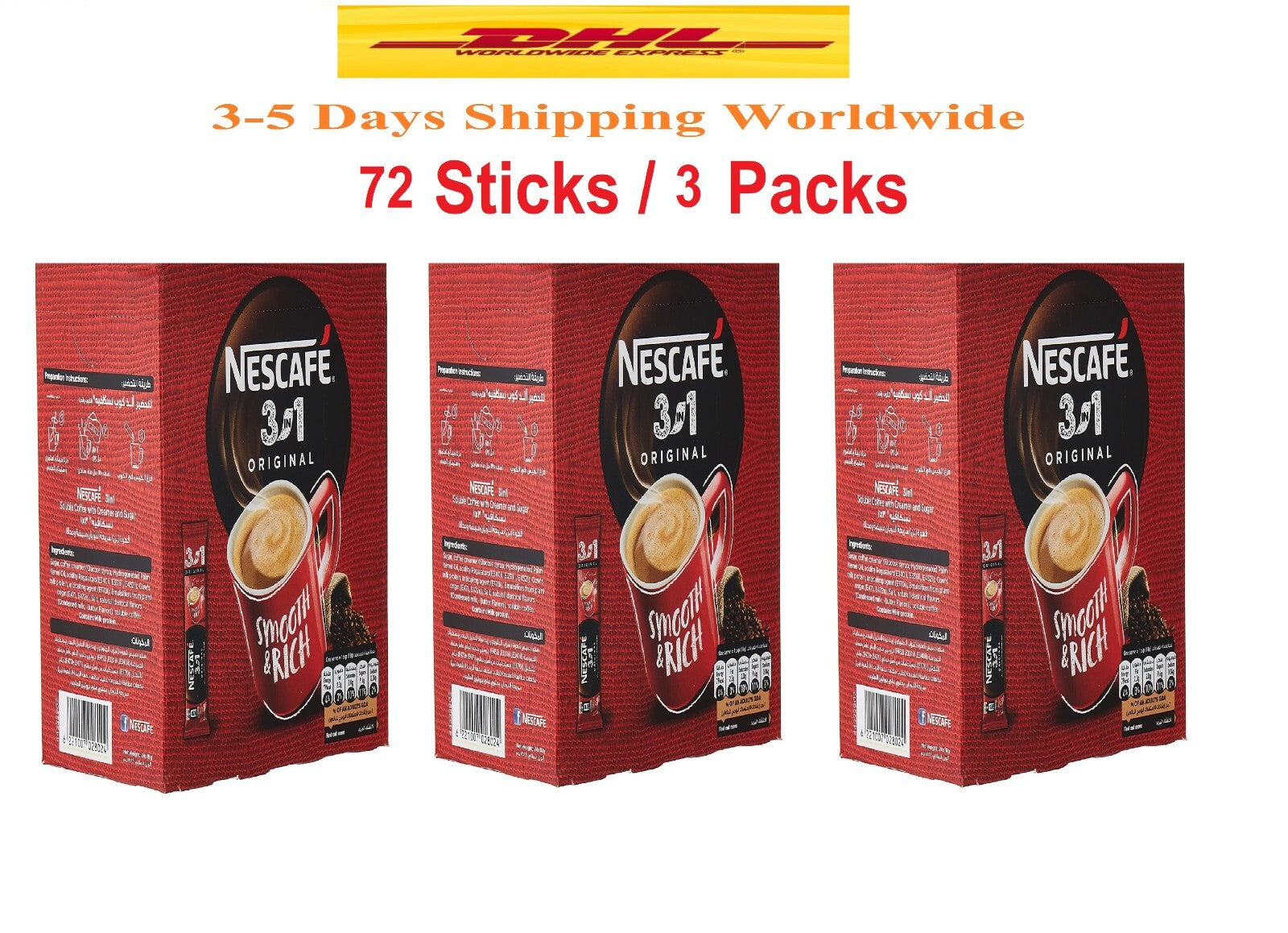 Nescafe 3 In 1 Original Mix Instant Coffee 72 Sticks x18 g 3Pack Fast Shipping2