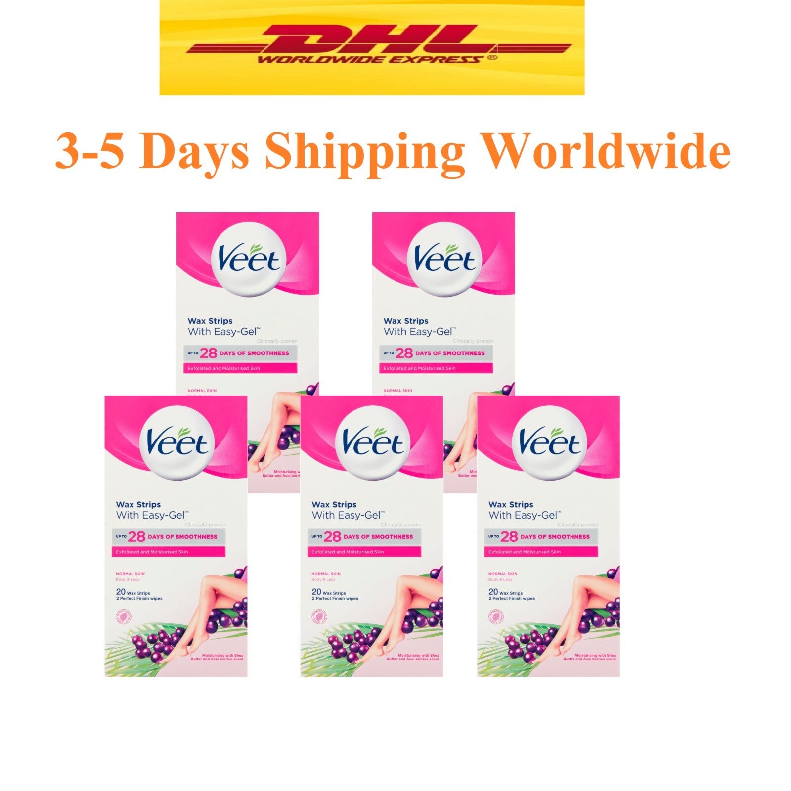 5X Veet Wax Strips For Normal Skin Easy Gel Body Hair Wax 28 Days Soft 60 strips0