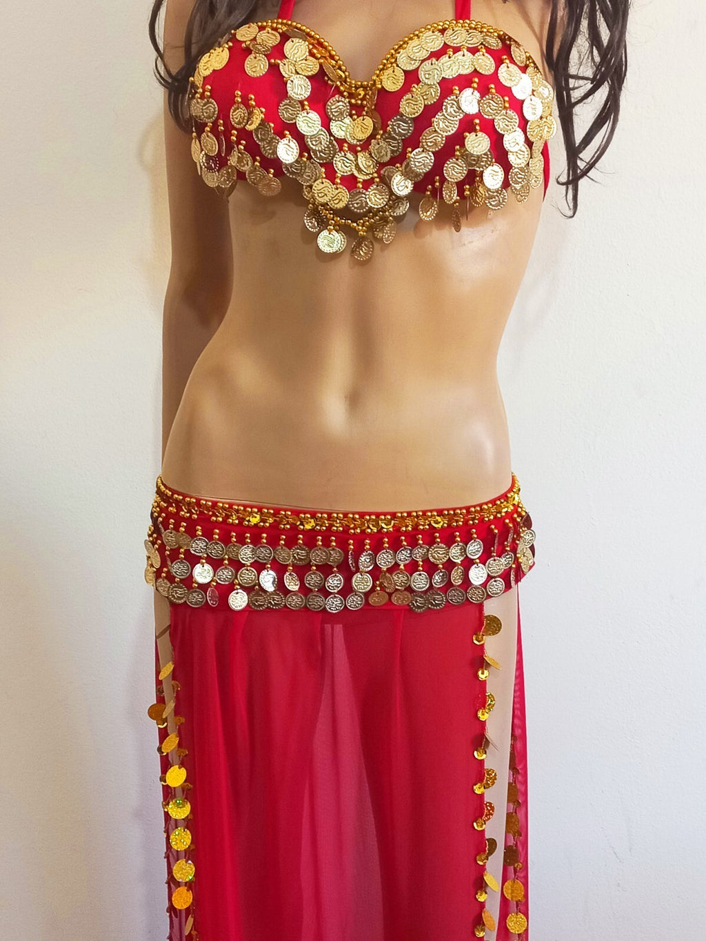Egyptian Professional Belly Dance Costume& Coins Face Veil Red Sexy Dancing Set11