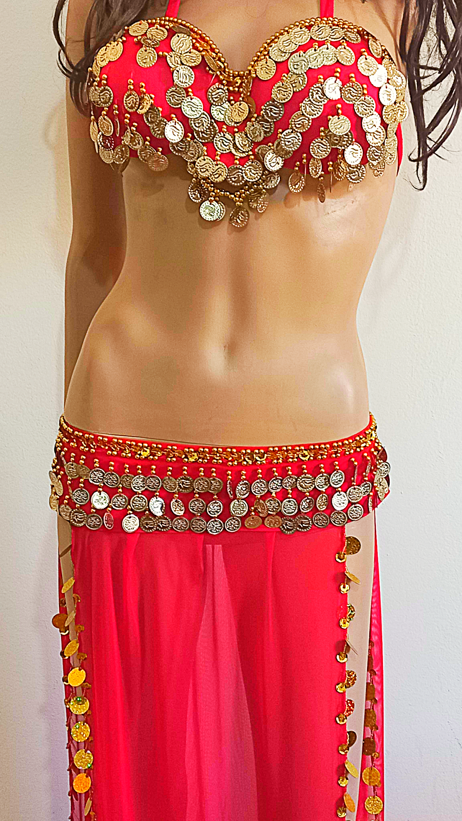 Red Egyptian Belly Dance Costume Embroidered Gold Coins Bra& Long Slited Skirt0