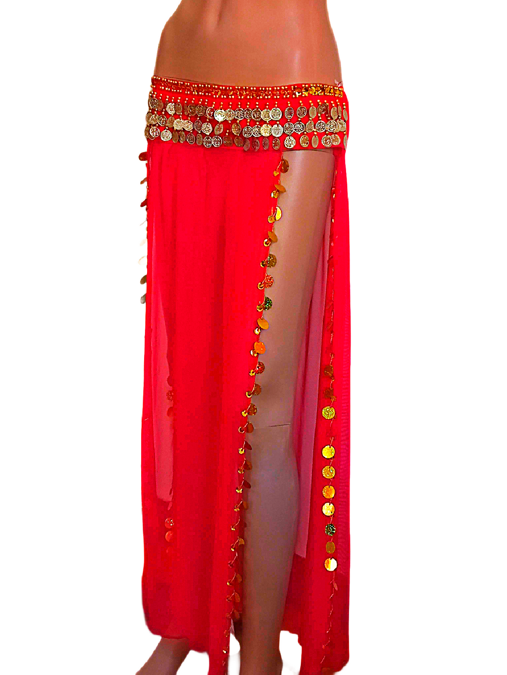 Red Egyptian Belly Dance Costume Embroidered Gold Coins Bra& Long Slited Skirt3