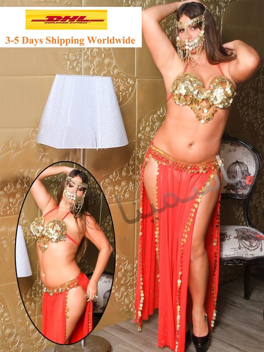 Egyptian Professional Belly Dance Costume& Coins Face Veil Red Sexy Dancing Set0