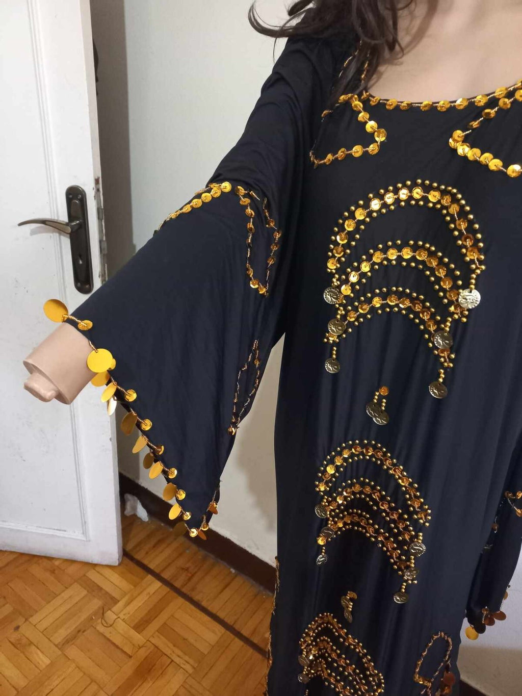 Traditional Egyptian Belly Dance Costume Black Embroidered Coins جلابية رقص صعيد11