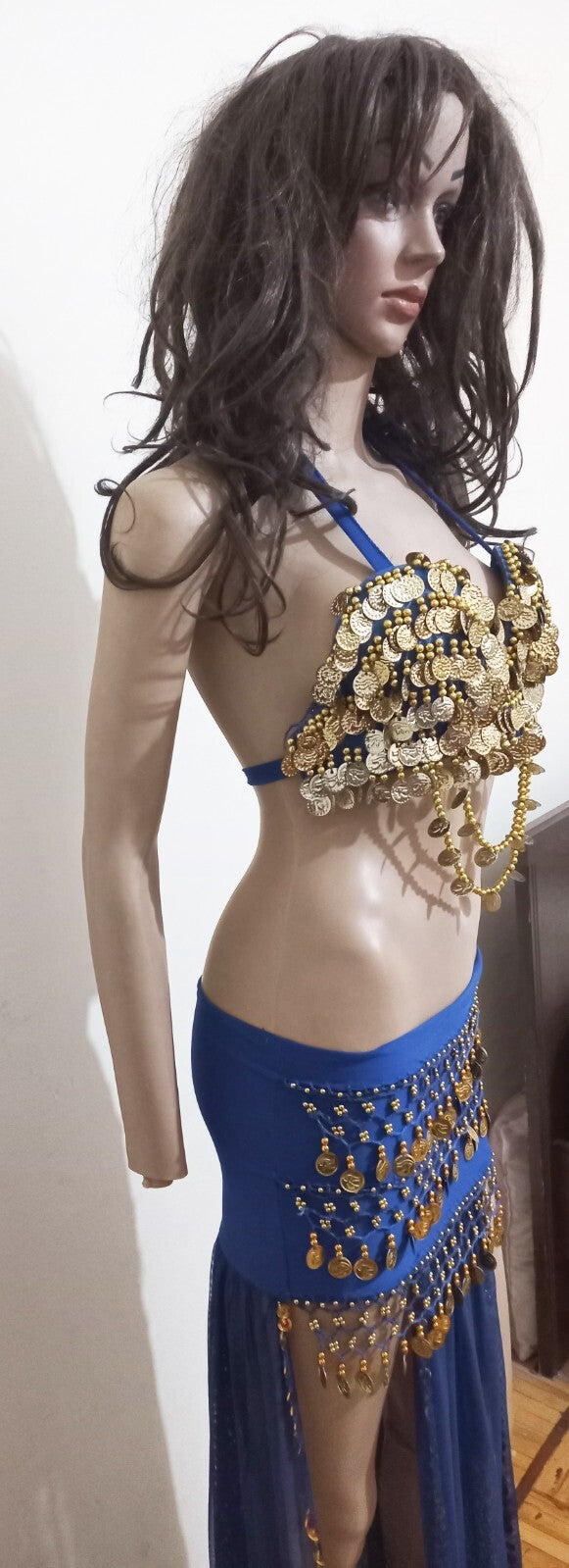 Egyptian Belly Dance Dress Long  Skirt With Embroidered Coins Bra Gold & Blue8
