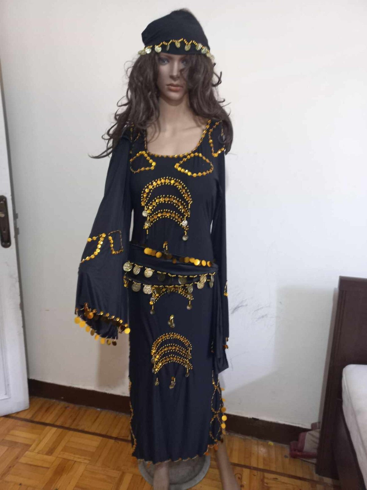 Traditional Egyptian Belly Dance Costume Black Embroidered Coins جلابية رقص صعيد1