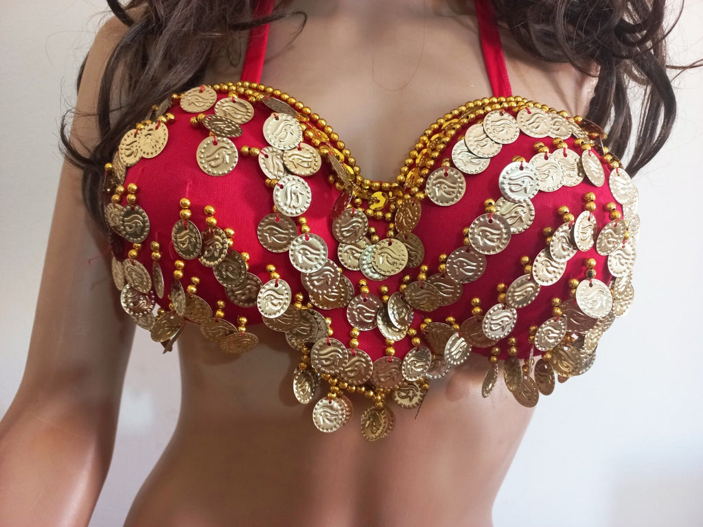 Egyptian Professional Belly Dance Costume& Coins Face Veil Red Sexy Dancing Set7