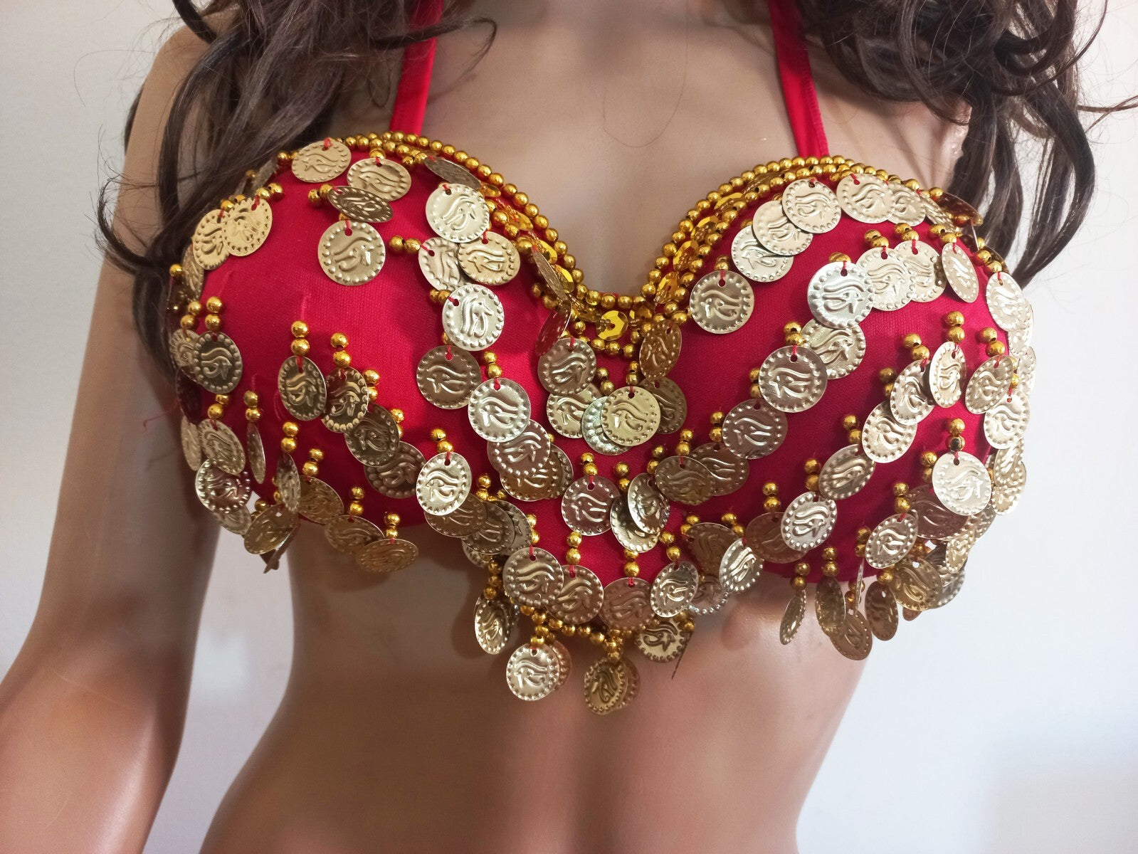 Egyptian Professional Belly Dance Costume& Coins Face Veil Red Sexy Dancing Set7