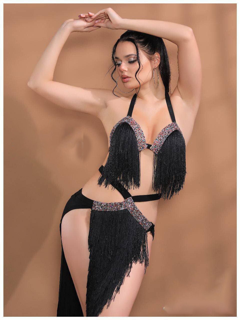 Black Tassel Belly Dance Costume Sexy Fringe Bra & Skirt With Criss Cross Belt1