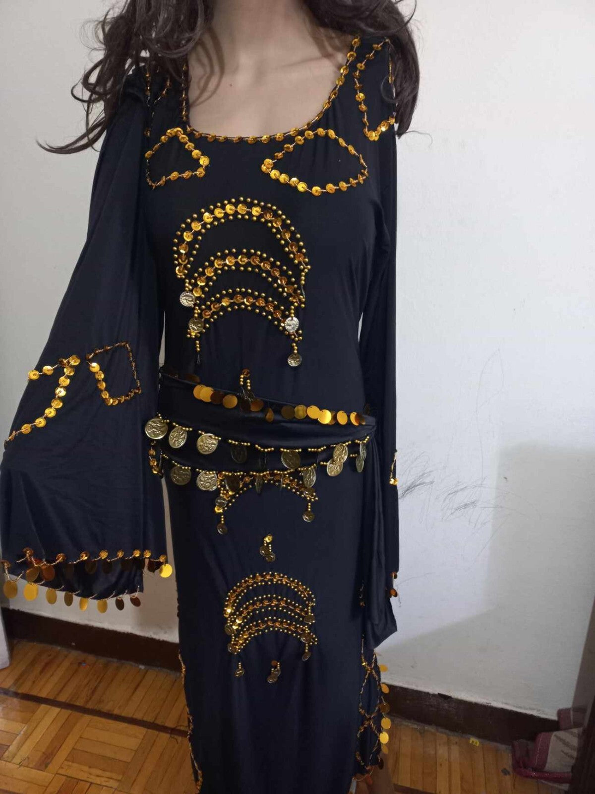 Traditional Egyptian Belly Dance Costume Black Embroidered Coins جلابية رقص صعيد9