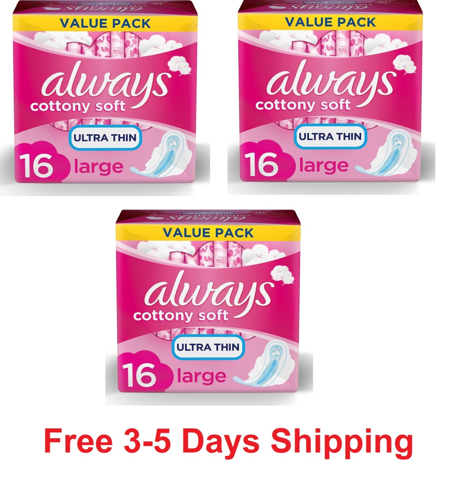 3 PK Always Cotton Soft Ultra Thin Long Sanitary Pads with Wings 48 Pads Count0