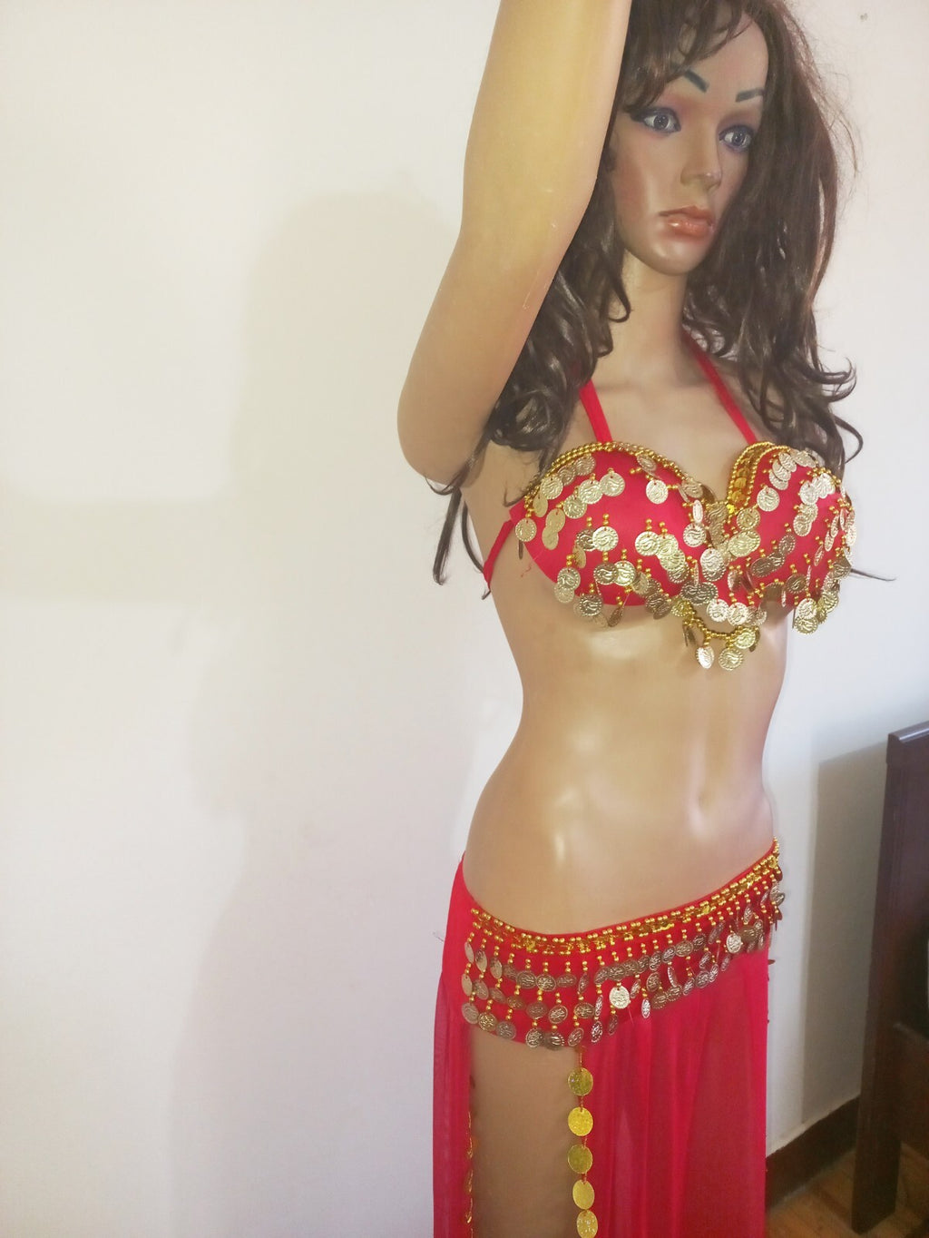 Egyptian Professional Belly Dance Costume& Coins Face Veil Red Sexy Dancing Set4