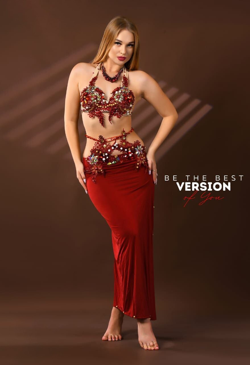 Embroidered Belly Dance Costume Dark Red Beaded Bra& Waist Belt &Tight Skirt0