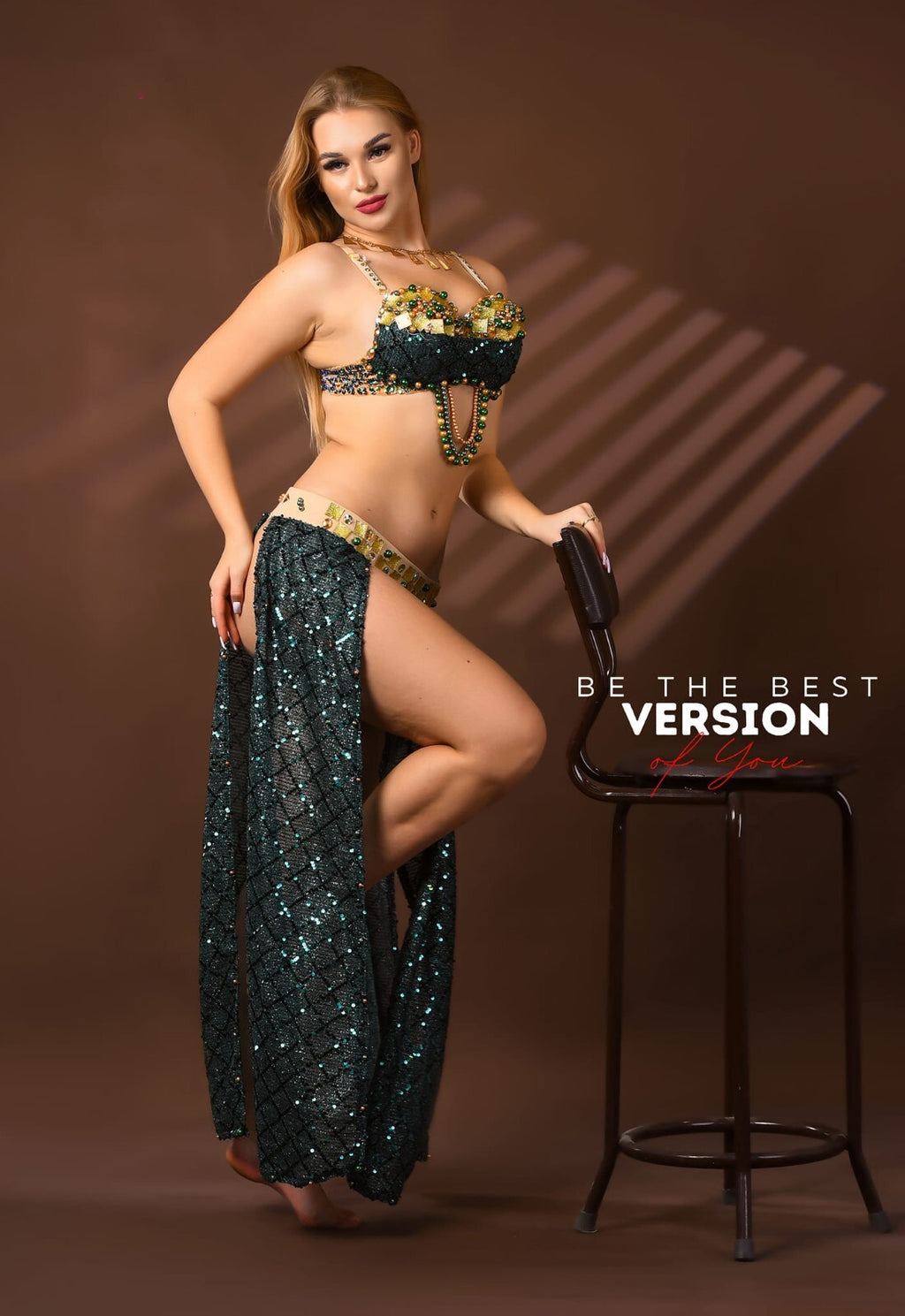 Modern Egyptian Belly Dance Costume Beaded Bra & Shiny Long Skirt With Gold Belt2