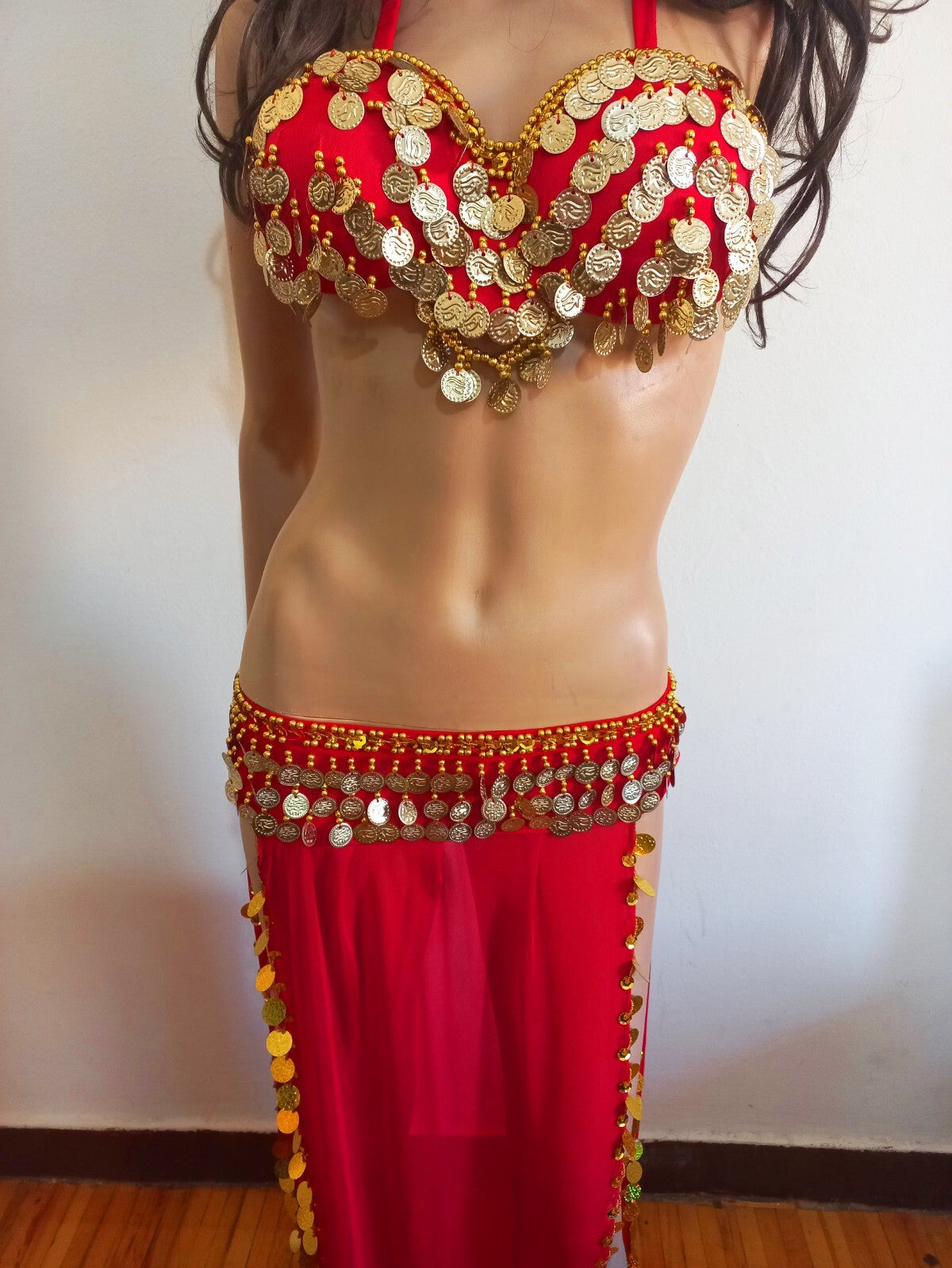 Egyptian Professional Belly Dance Costume& Coins Face Veil Red Sexy Dancing Set9