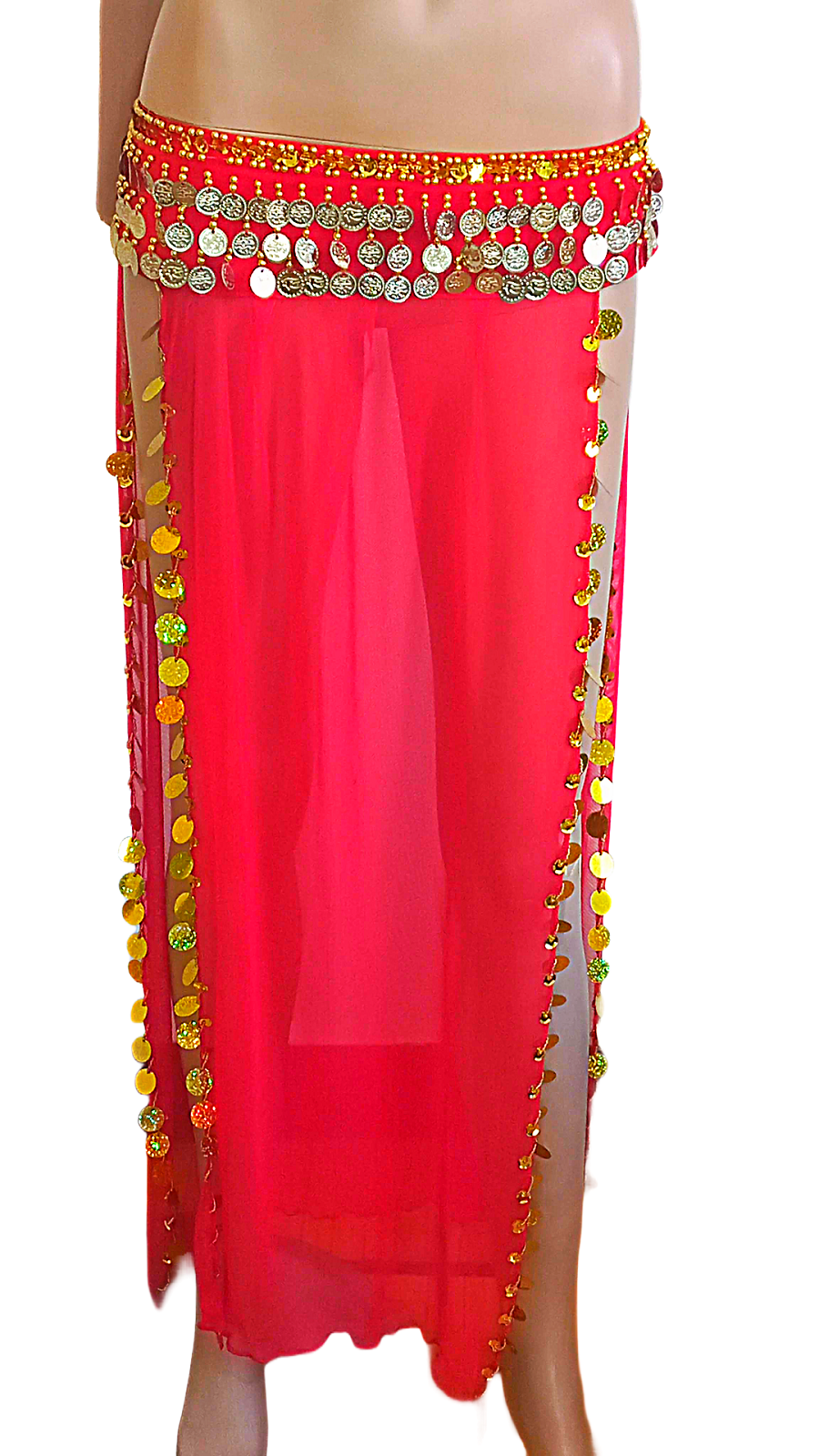 Red Egyptian Belly Dance Costume Embroidered Gold Coins Bra& Long Slited Skirt5
