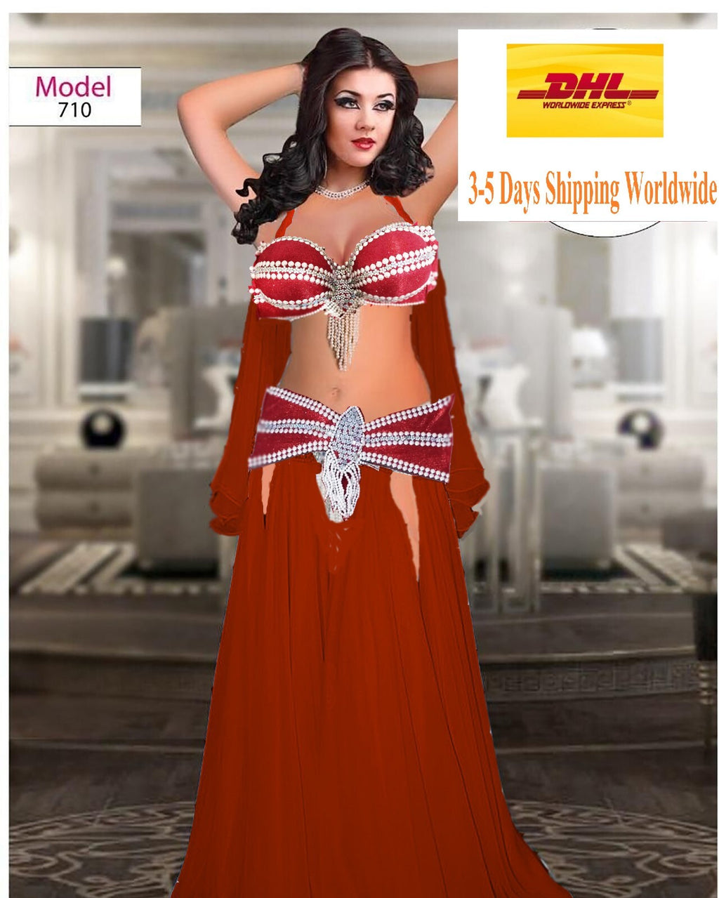 Professional Red Belly Dance Costume Traditional Egyptian Style Skirt Bra& Scarf1