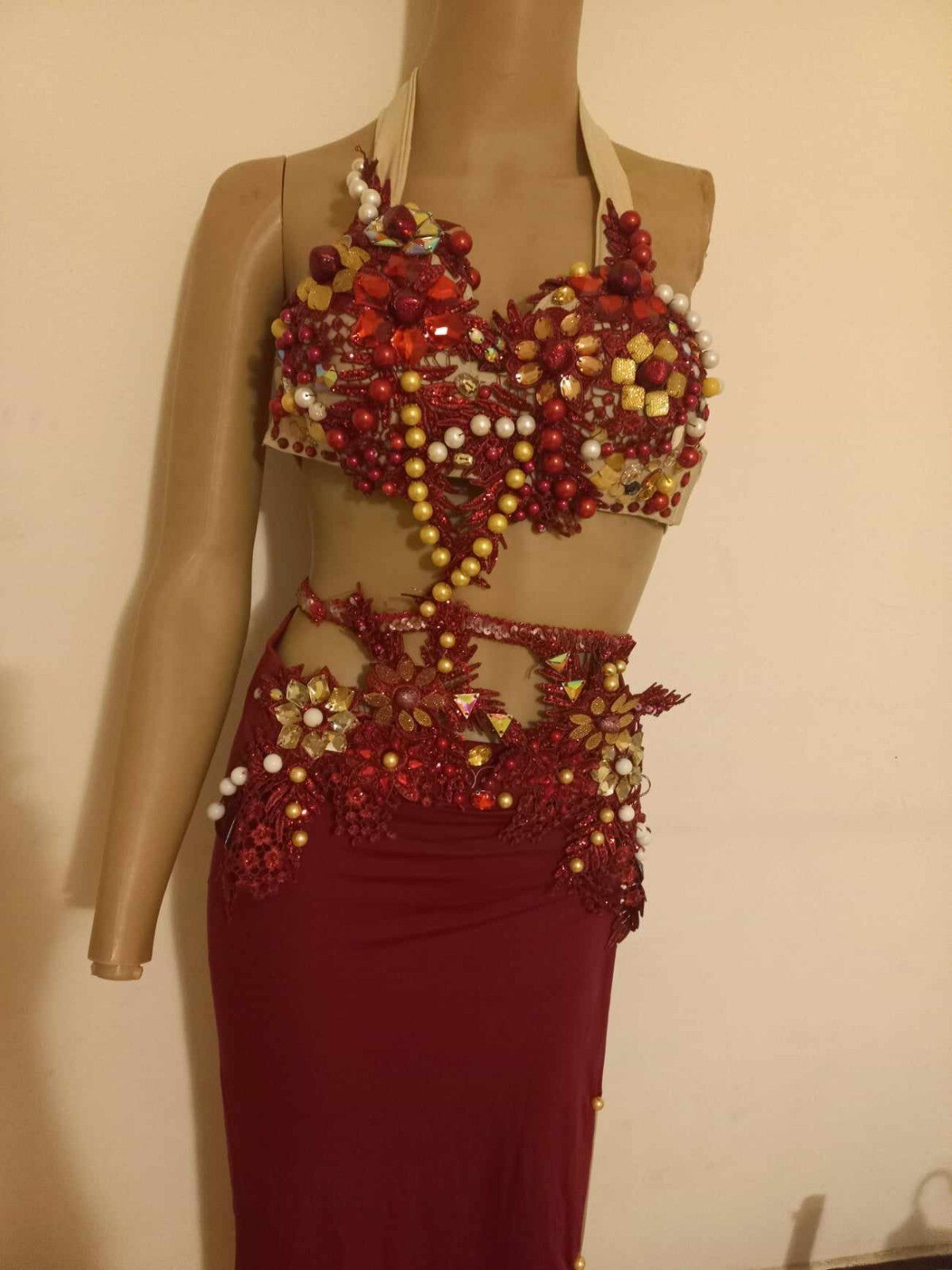 Embroidered Belly Dance Costume Dark Red Beaded Bra& Waist Belt &Tight Skirt11