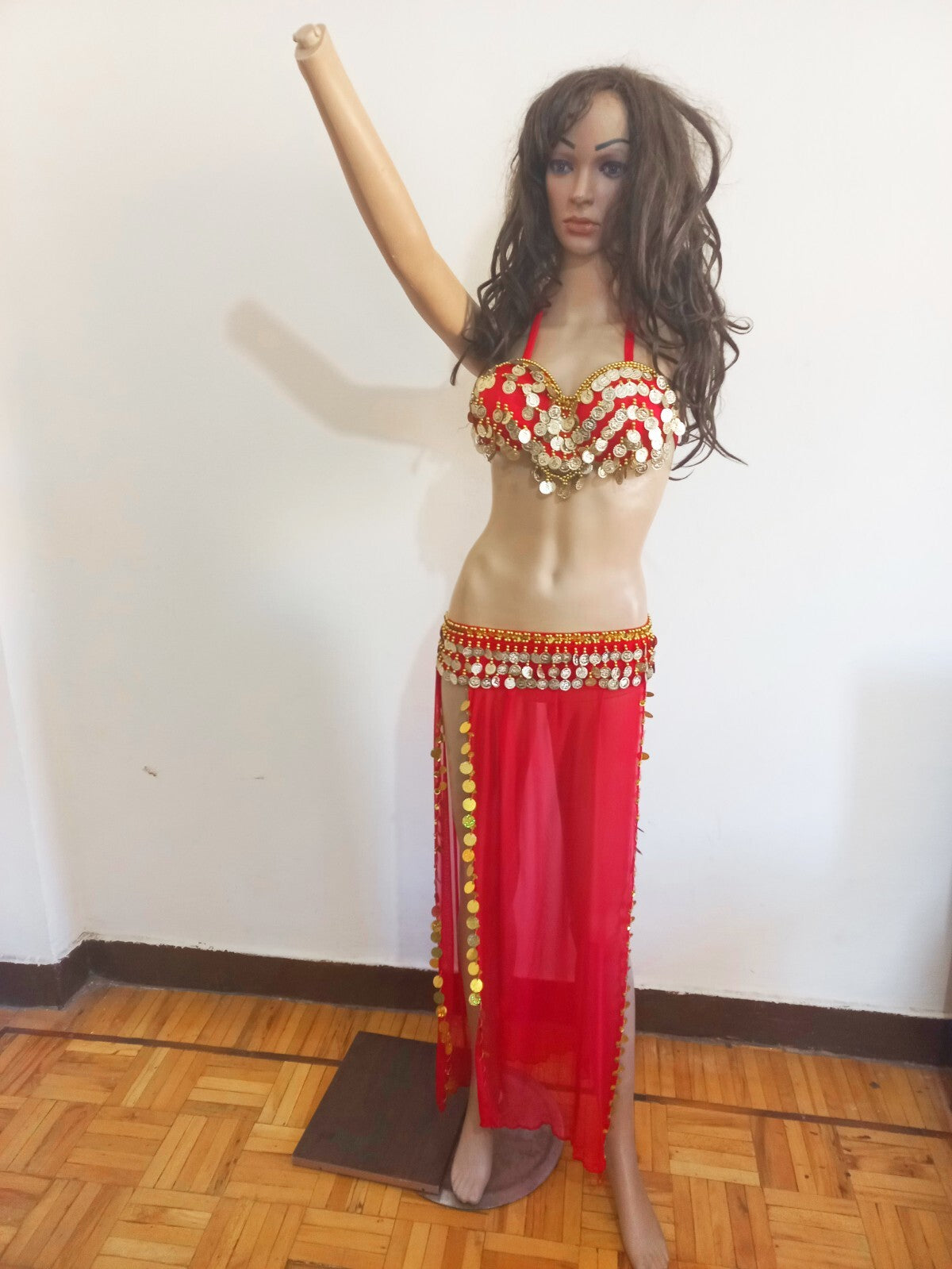 Egyptian Professional Belly Dance Costume& Coins Face Veil Red Sexy Dancing Set3