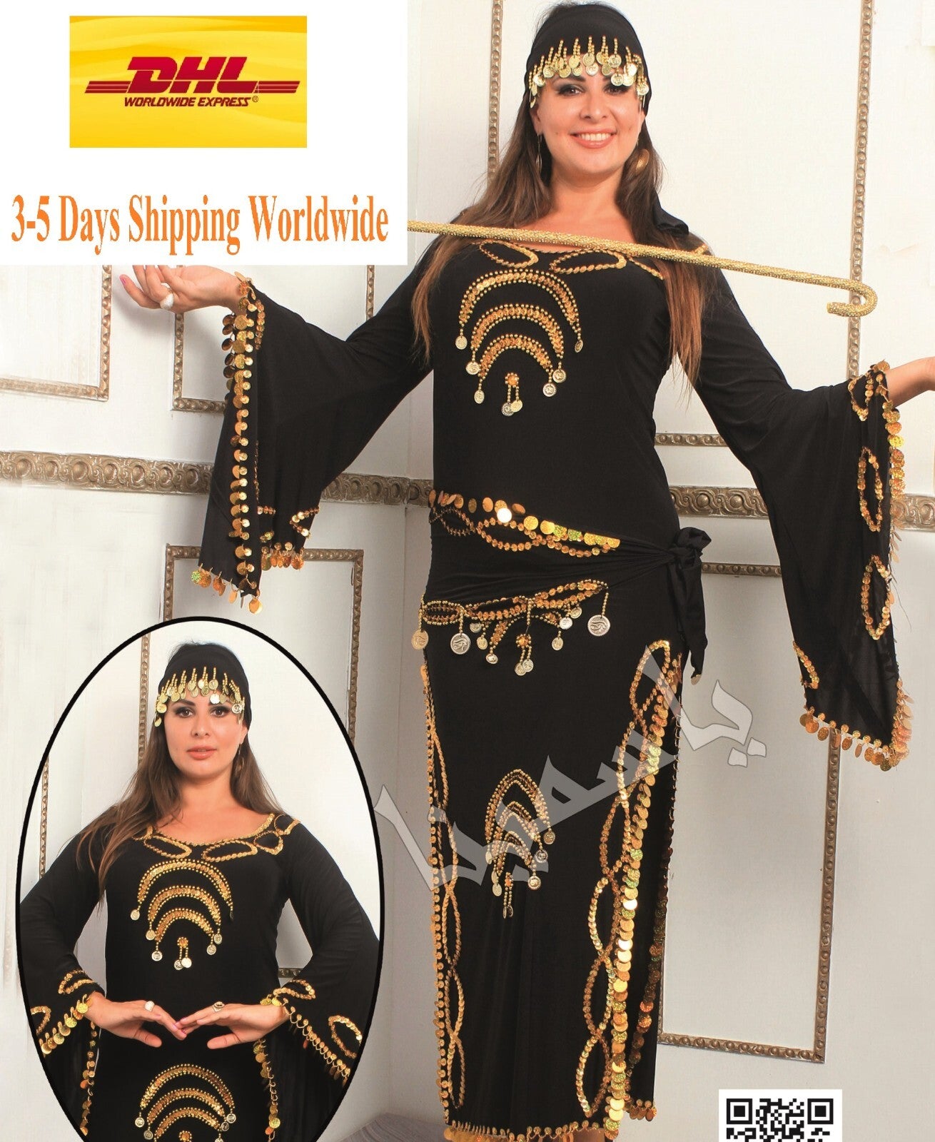 Traditional Egyptian Belly Dance Costume Black Embroidered Coins جلابية رقص صعيد0