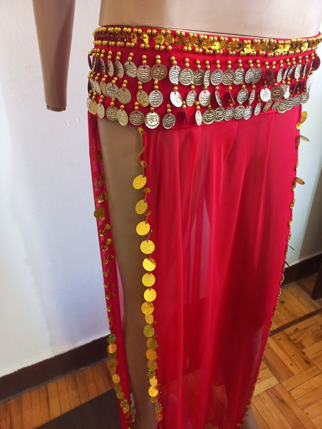 Egyptian Professional Belly Dance Costume& Coins Face Veil Red Sexy Dancing Set8