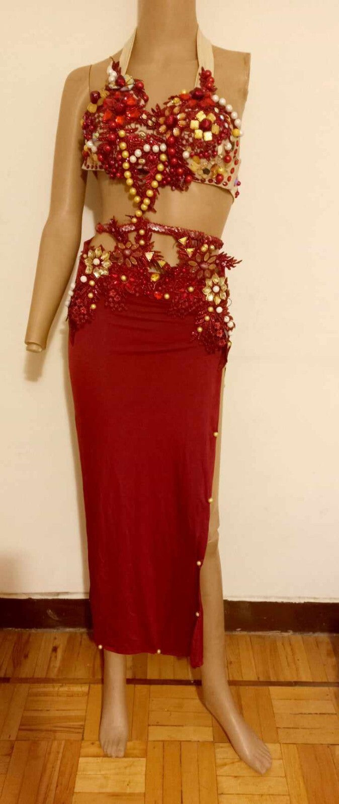 Embroidered Belly Dance Costume Dark Red Beaded Bra& Waist Belt &Tight Skirt1