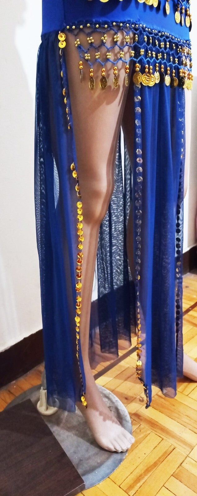 Egyptian Belly Dance Dress Long  Skirt With Embroidered Coins Bra Gold & Blue10