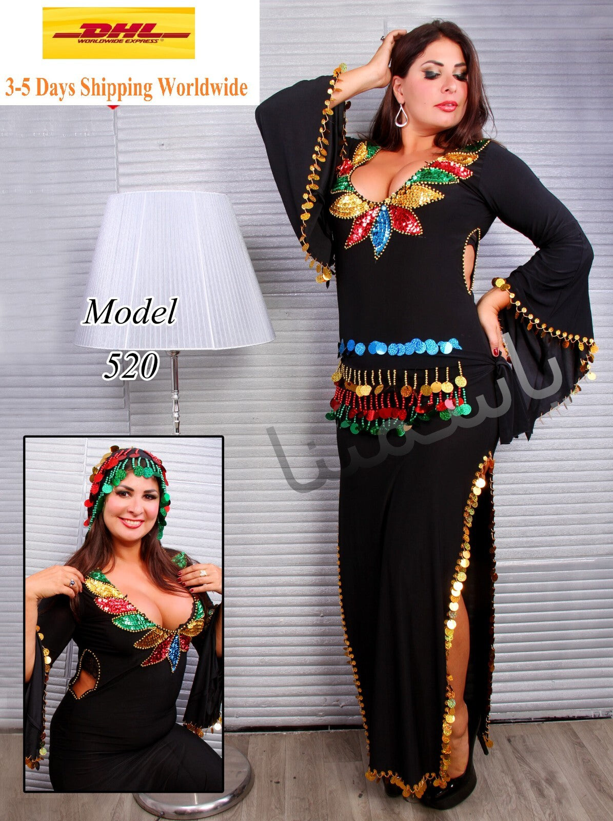 Egyptian Gypsy Belly Dancing Costume Black Dress& Hip Scarf  جلابية رقص صعيدي0