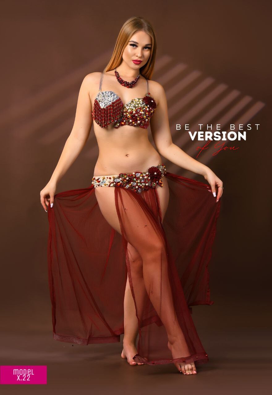 Red Belly Dance Costume 2 Piece Beaded Bra & Belt Transparent Skirt Dancing Set2
