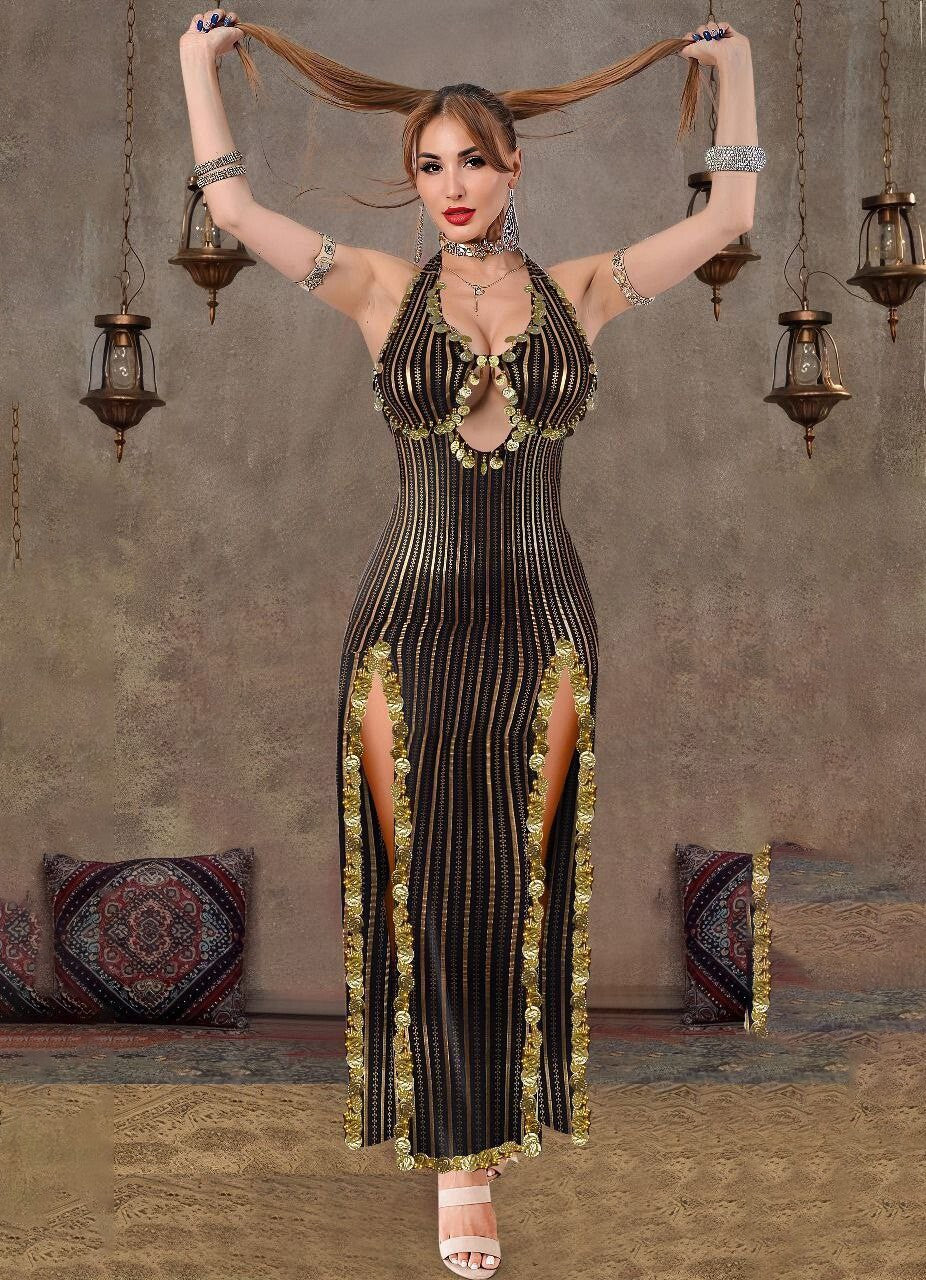 Long Egyptian Belly Dance Dress Black with Gold Threads longitudinal slits Dress0