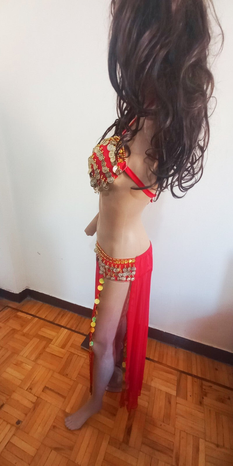 Egyptian Professional Belly Dance Costume& Coins Face Veil Red Sexy Dancing Set5