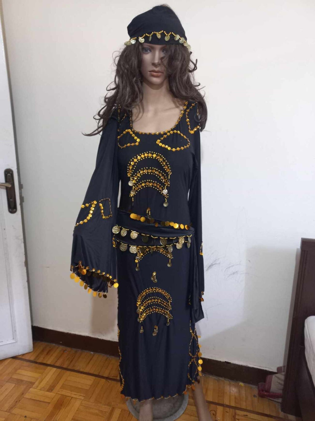Traditional Egyptian Belly Dance Costume Black Embroidered Coins جلابية رقص صعيد3