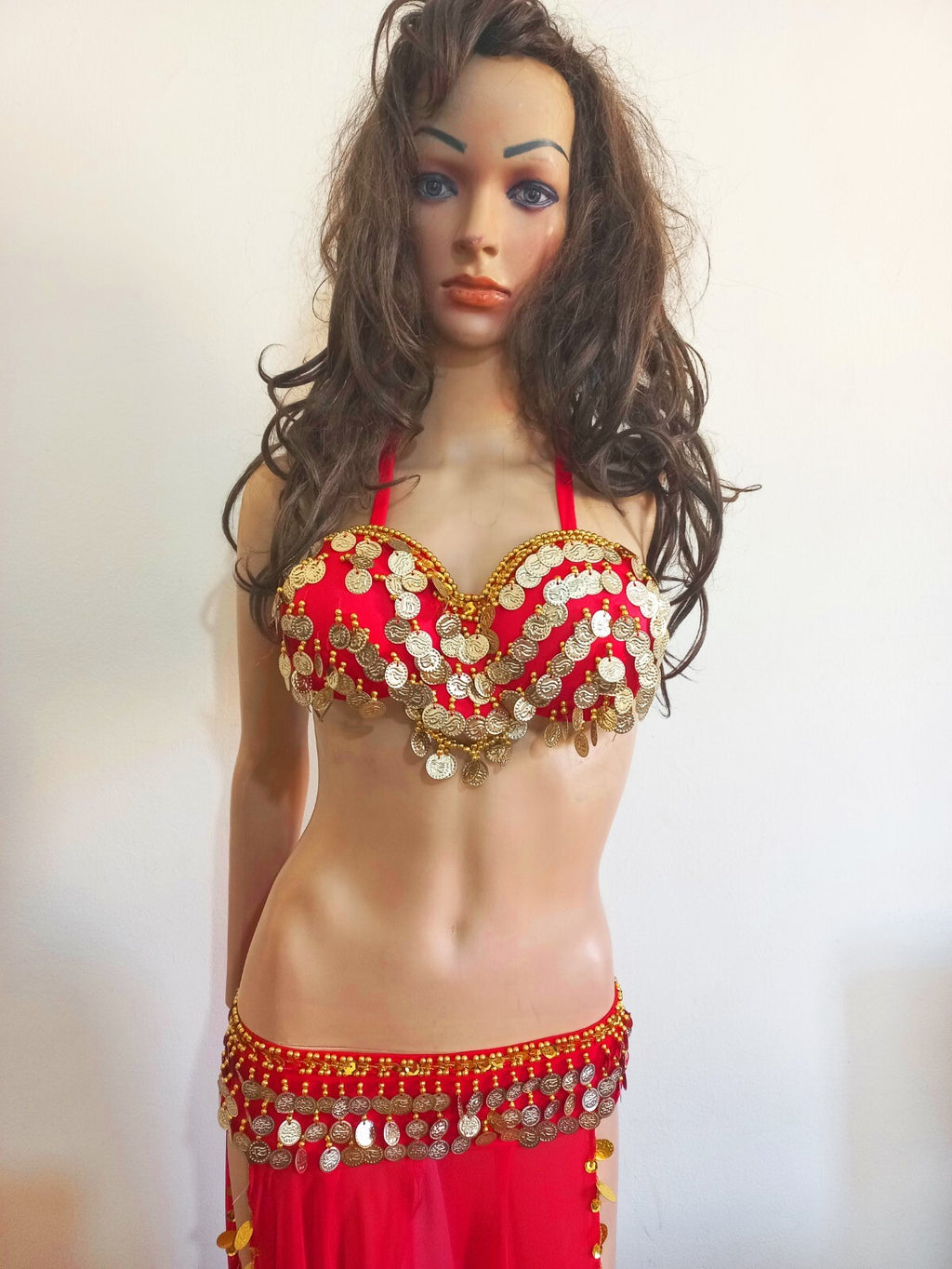 Egyptian Professional Belly Dance Costume& Coins Face Veil Red Sexy Dancing Set10