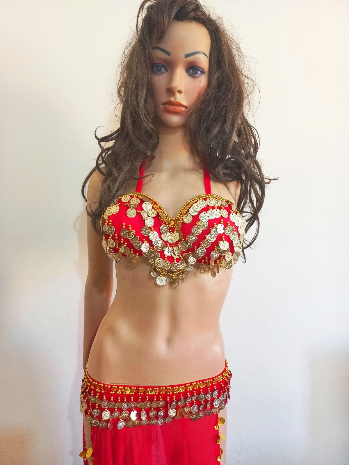 Egyptian Professional Belly Dance Costume& Coins Face Veil Red Sexy Dancing Set10