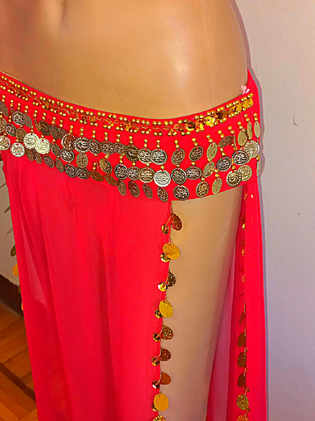 Red Egyptian Belly Dance Costume Embroidered Gold Coins Bra& Long Slited Skirt7