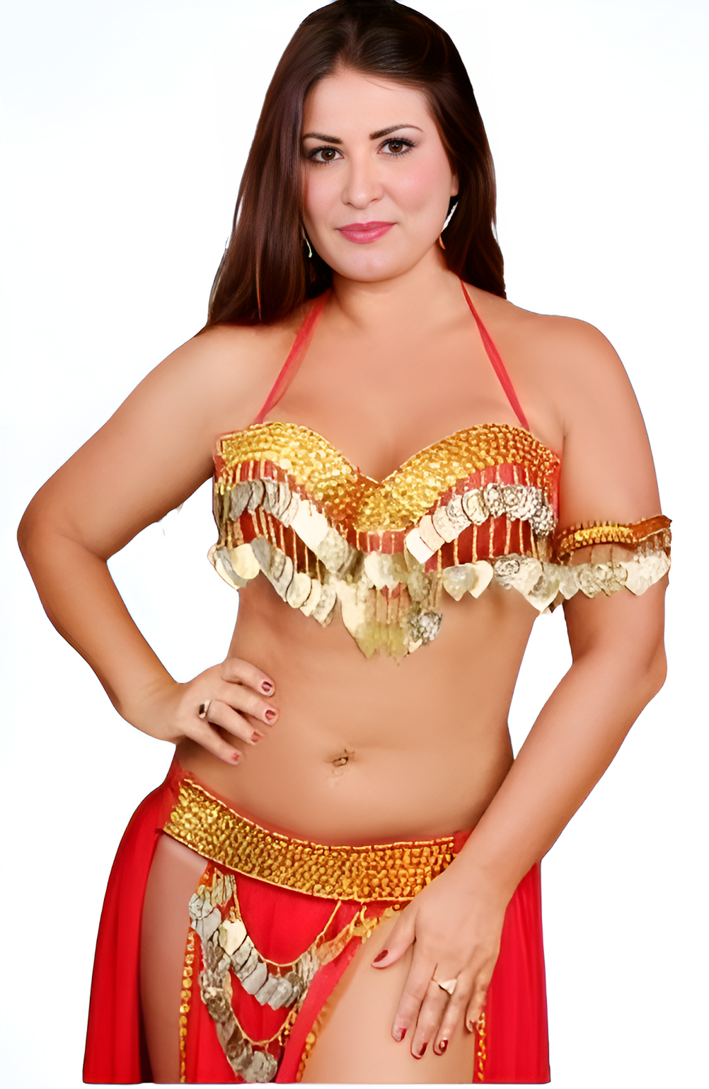 Egyptian Belly Dancing Performance Costume Two Piece Embroidered Coins Bra Red1
