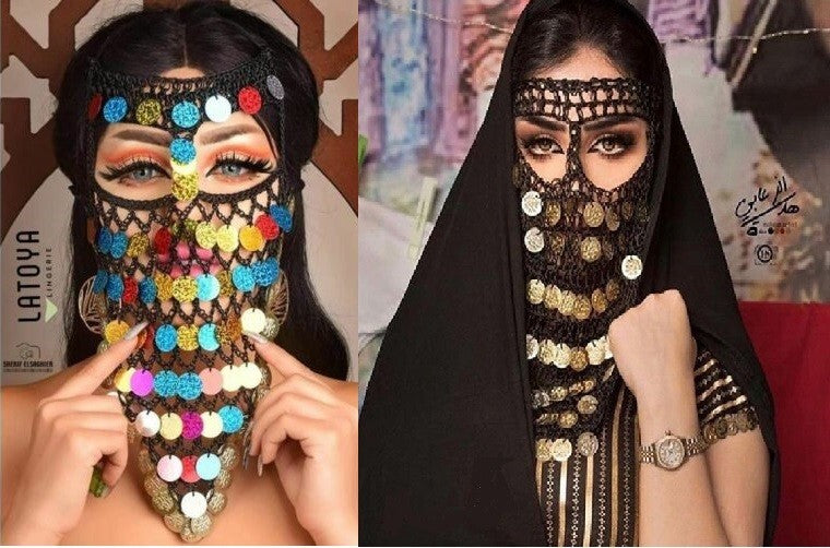 2 Egyptian Belly Dance Face Veil Set Crochet Golden Coins & Colorful Coins0