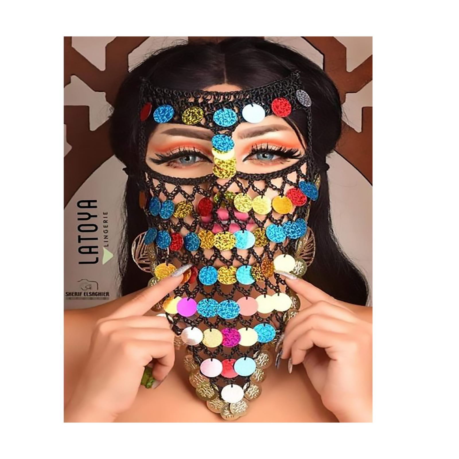 Egyptian Belly Dancing Face Veil Black &Colorful Coins Belly Dance Accessories 1