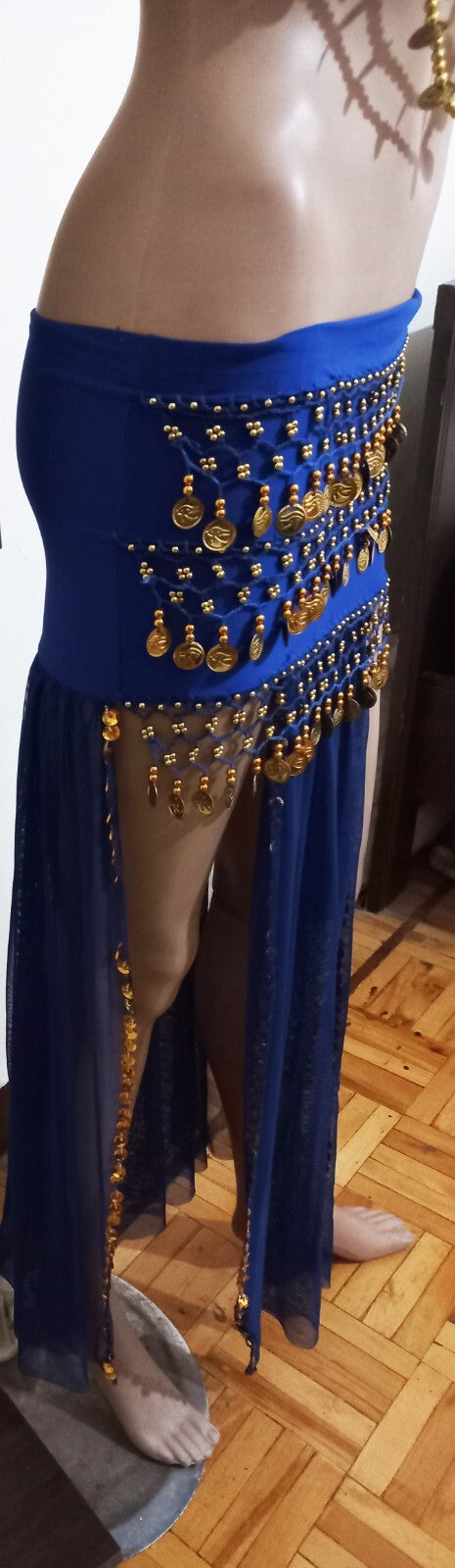 Egyptian Belly Dance Dress Long  Skirt With Embroidered Coins Bra Gold & Blue7
