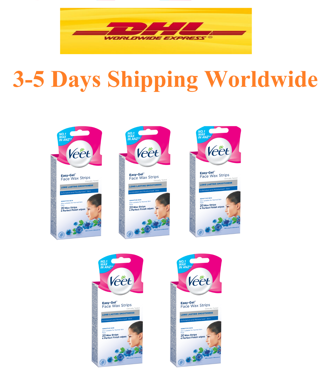 5X Veet Facial Hair Remover Wax Strips Easy Gel Sensitive Skin 100 Wax Total2