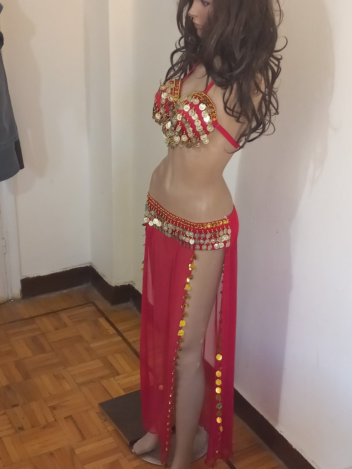 Egyptian Professional Belly Dance Costume& Coins Face Veil Red Sexy Dancing Set13