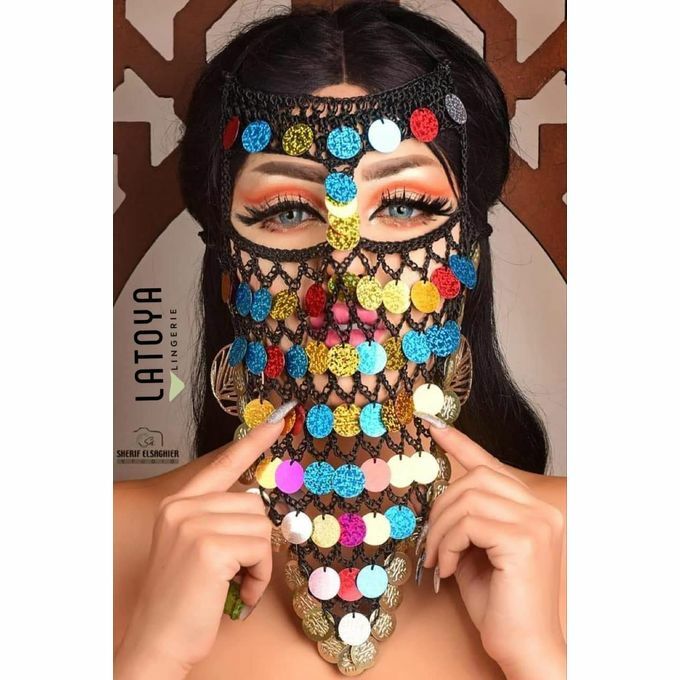 Egyptian Belly Dancing Face Veil Black &Colorful Coins Belly Dance Accessories 0